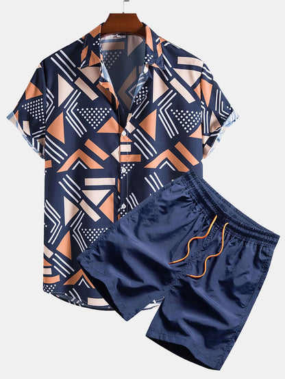 Geometric Pattern Shirt and Swim Shorts Set