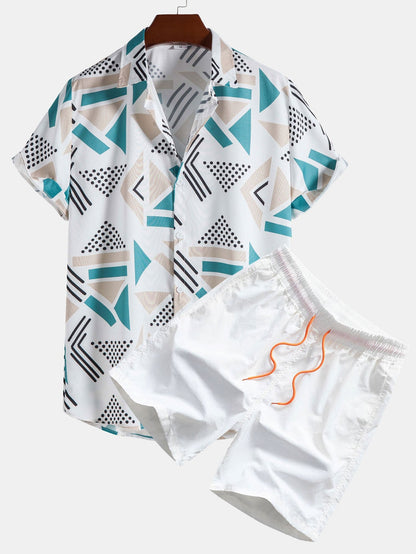 Geometric Pattern Shirt and Swim Shorts Set