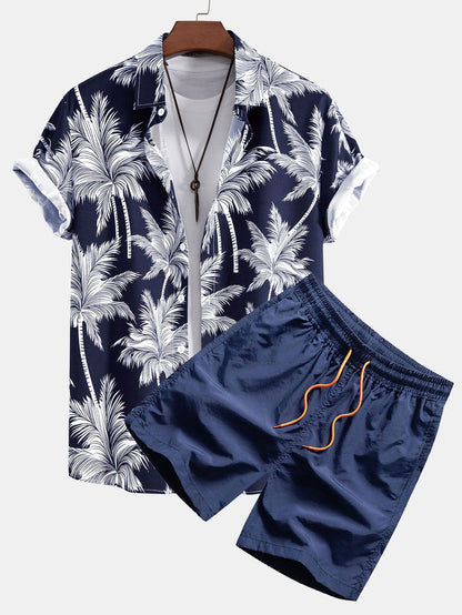 Button-Up Shirt and Swim Shorts with Palm Tree Print