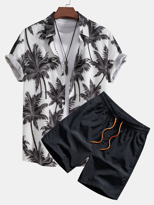Button-Up Shirt and Swim Shorts with Palm Tree Print