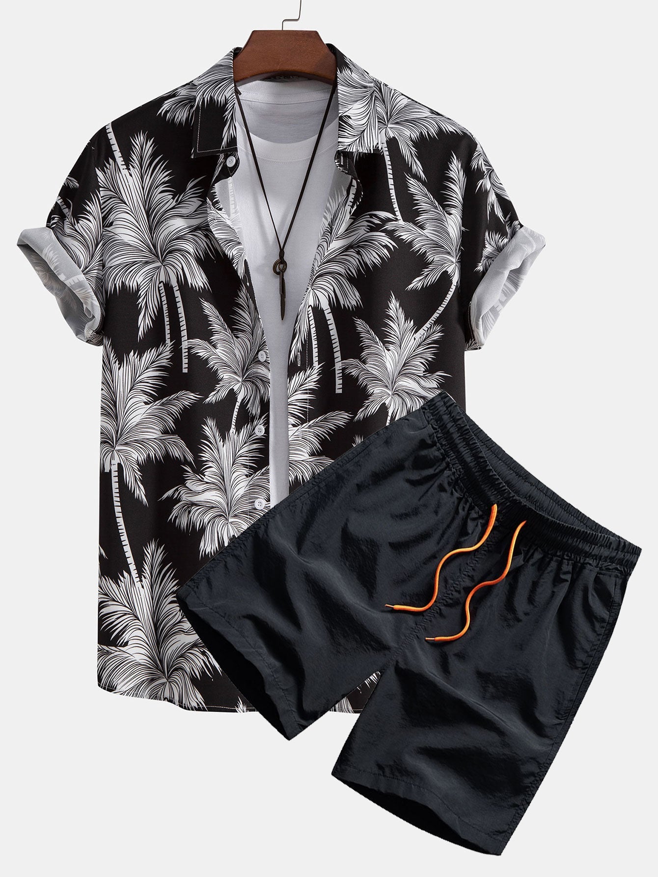 Button-Up Shirt and Swim Shorts with Palm Tree Print