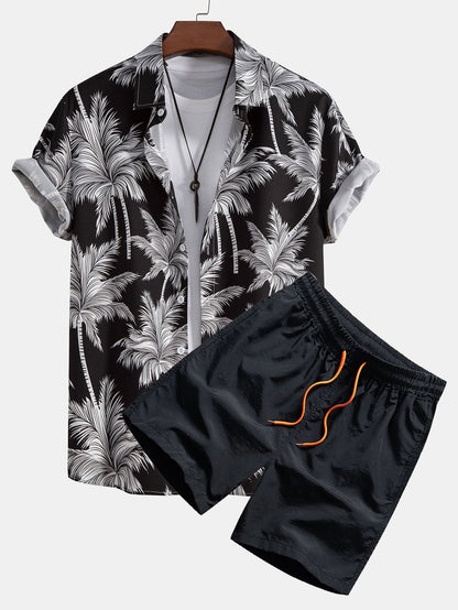 Button-Up Shirt and Swim Shorts with Palm Tree Print
