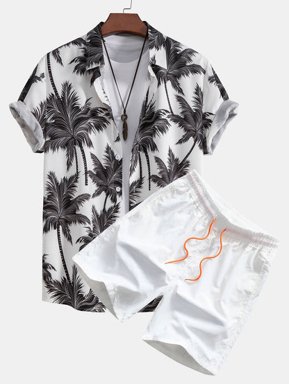 Button-Up Shirt and Swim Shorts with Palm Tree Print