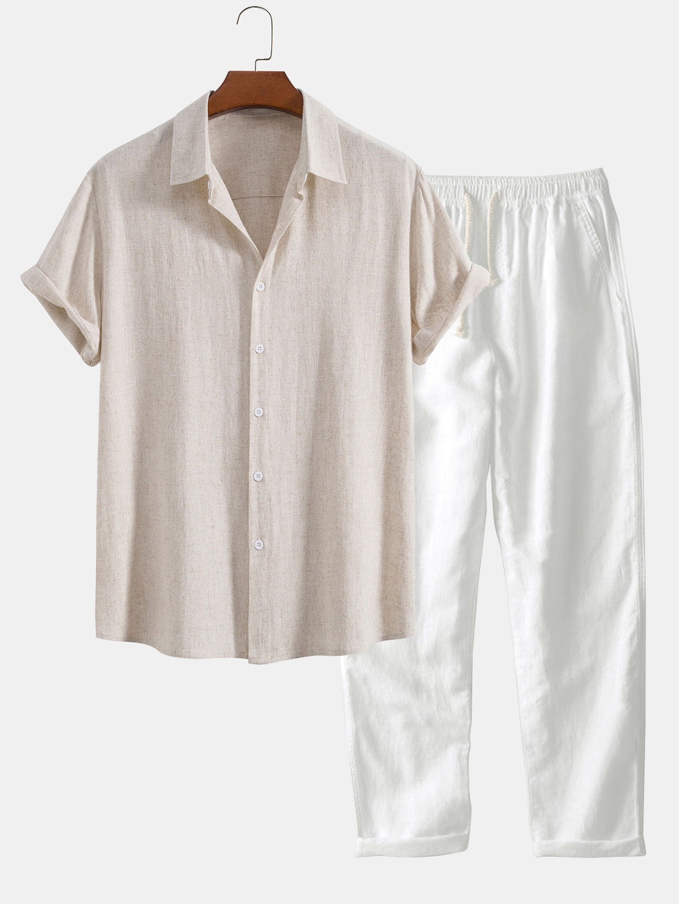 Linen-Rayon Blend Button-Up Shirt with Straight-Leg Linen Trousers