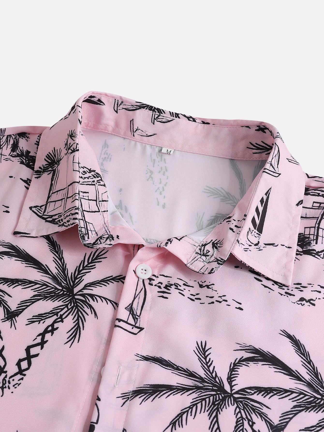 Button-Up Shirt and Swim Shorts Set with Palm Tree Sailboat Print