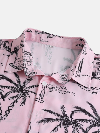 Button-Up Shirt and Swim Shorts Set with Palm Tree Sailboat Print