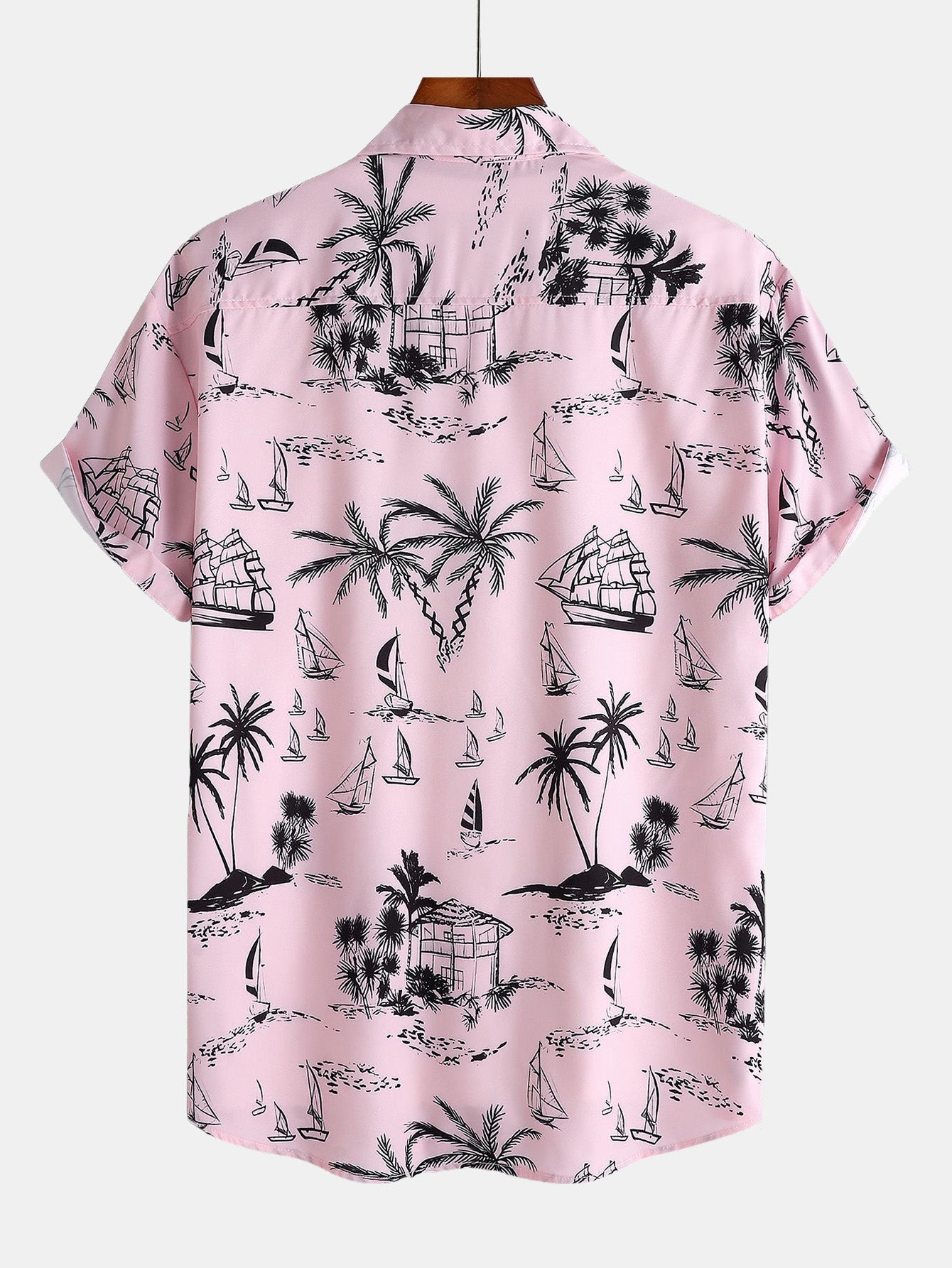 Button-Up Shirt and Swim Shorts Set with Palm Tree Sailboat Print
