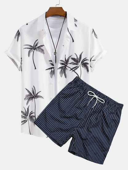 Button-Up Shirt with Palm Tree Print & Striped Swim Shorts
