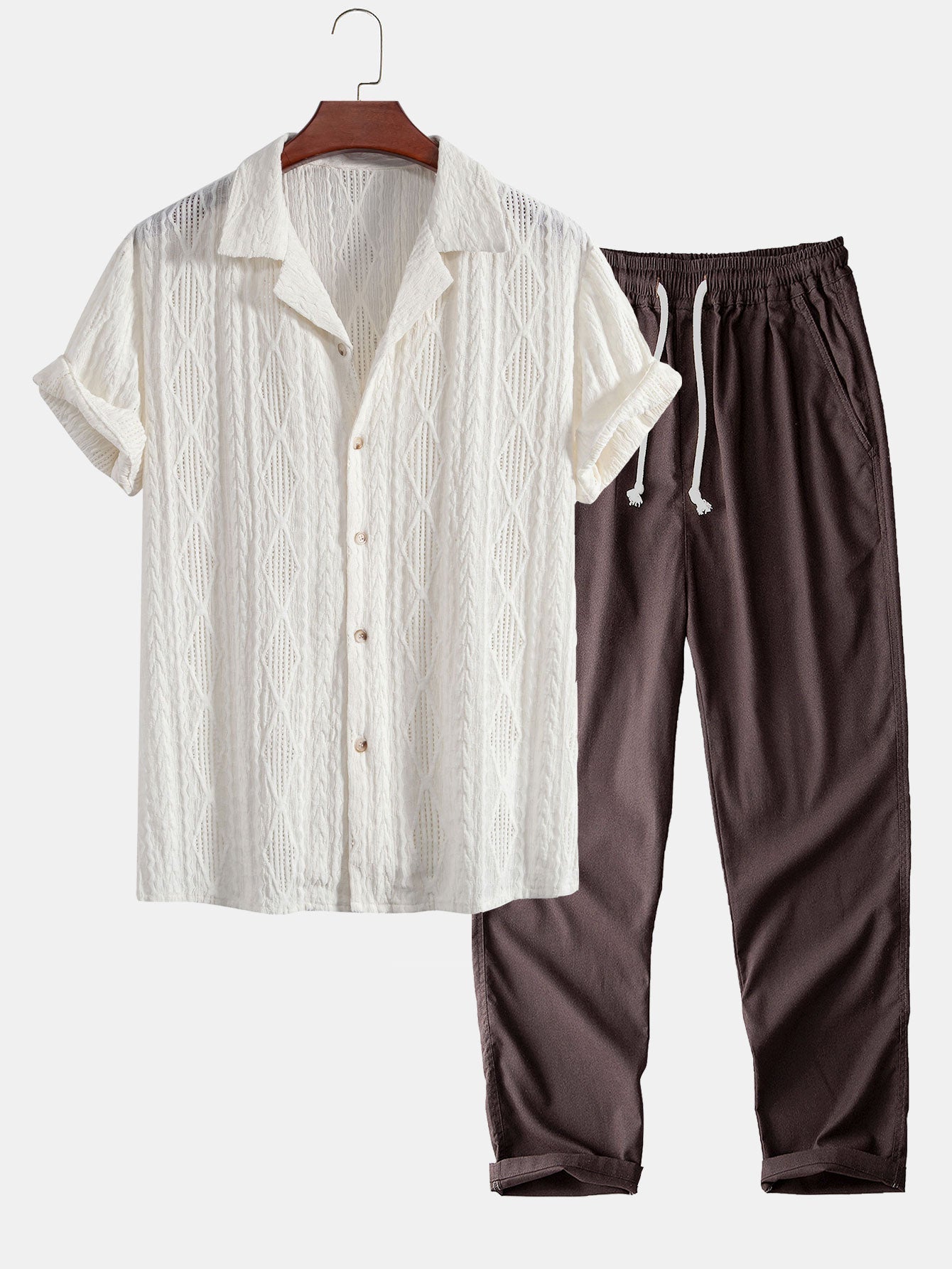 Geometric Jacquard Cuban Collar Shirt with Straight-Leg Linen Trousers