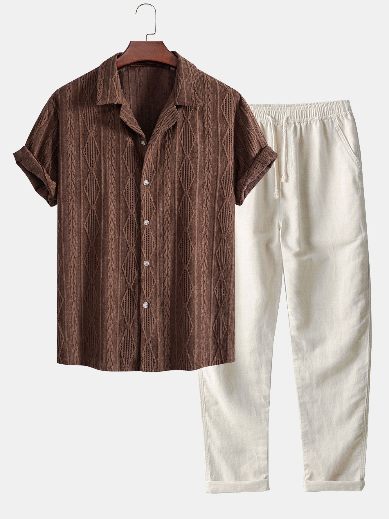 Geometric Jacquard Cuban Shirt with Straight-Leg Linen Trousers