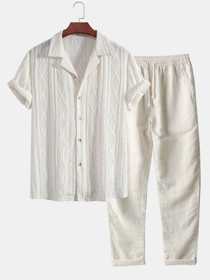 Geometric Jacquard Cuban Collar Shirt with Straight-Leg Linen Trousers