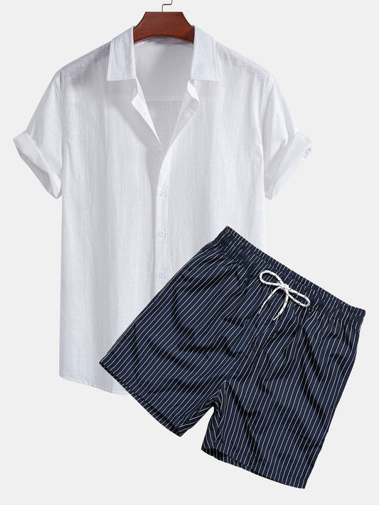Button-Up Cotton Shirt with Linen Look & Striped Swim Shorts