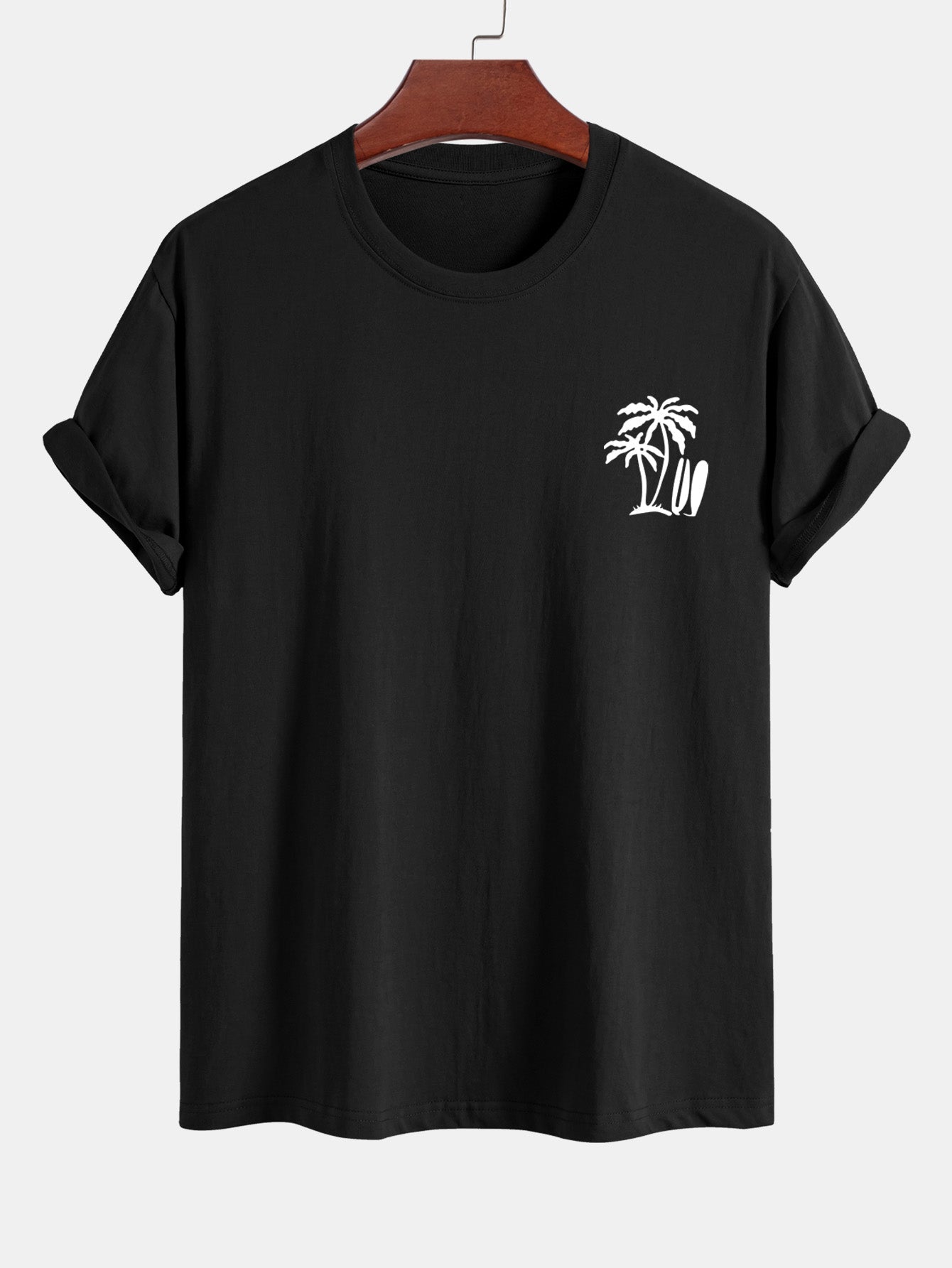 Classic Fit Cotton T-Shirt with Palm Tree Surfboard Design