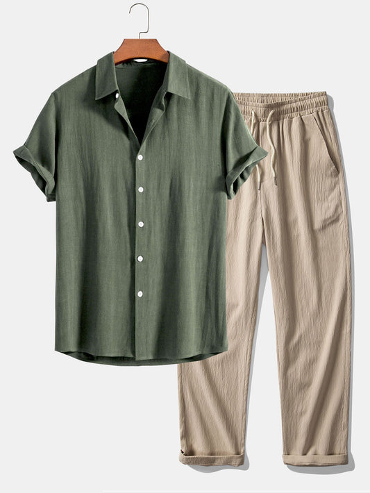 Linen-Rayon Blend Button-Up Shirt with Wrinkle-Textured Straight Leg Pants