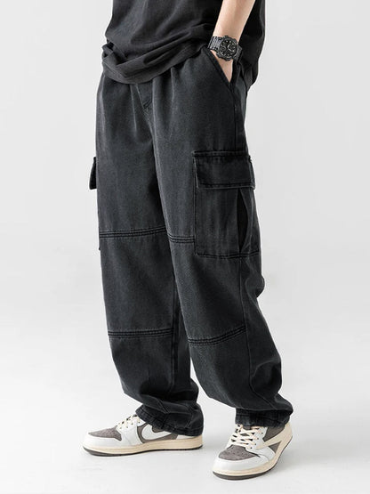 Relaxed Fit Straight Leg Cargo Jeans with Elastic Waist