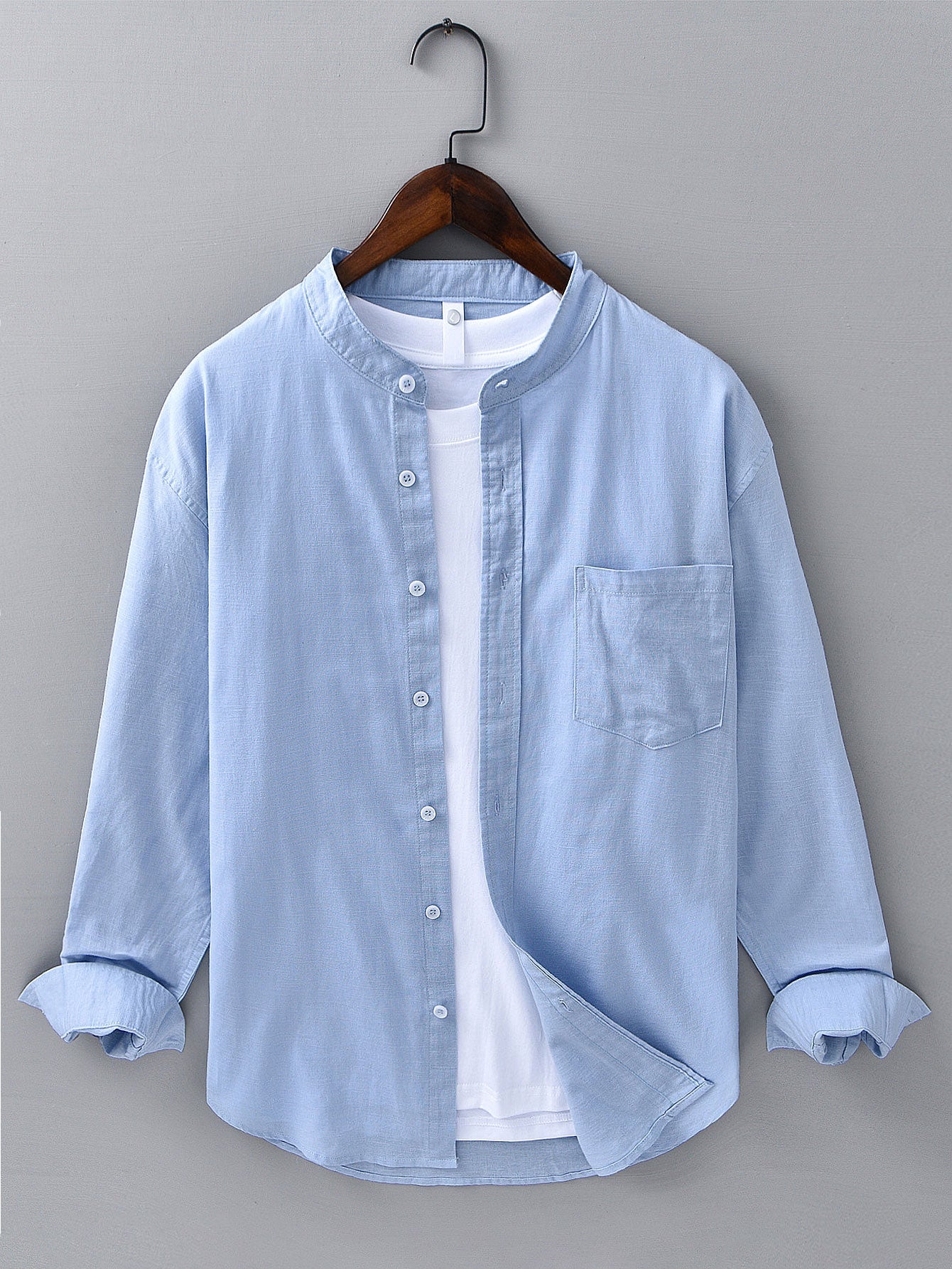 Long Sleeve Stand Collar Shirt in Linen-Cotton Blend with Pocket
