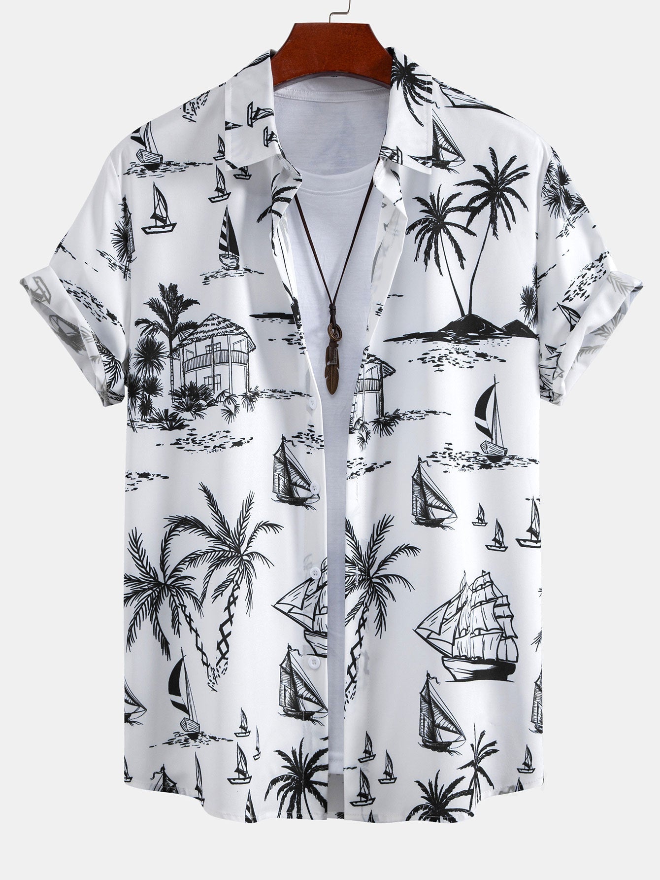 Island-Inspired Sailing Print Button-Up Shirt & Swim Shorts Set