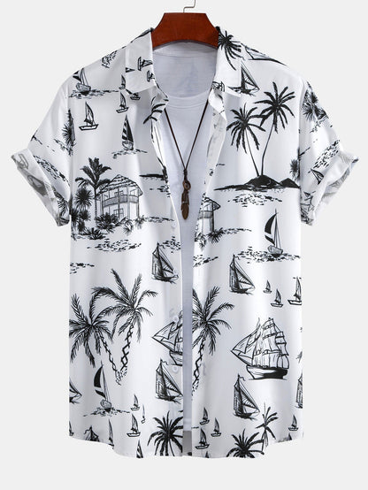 Island-Inspired Sailing Print Button-Up Shirt & Swim Shorts Set