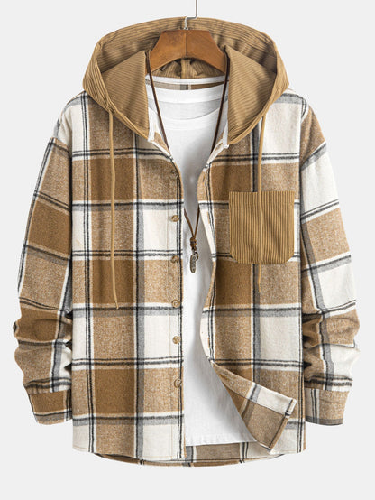 Comfortable Contrast Corduroy Plaid Hooded Shirt
