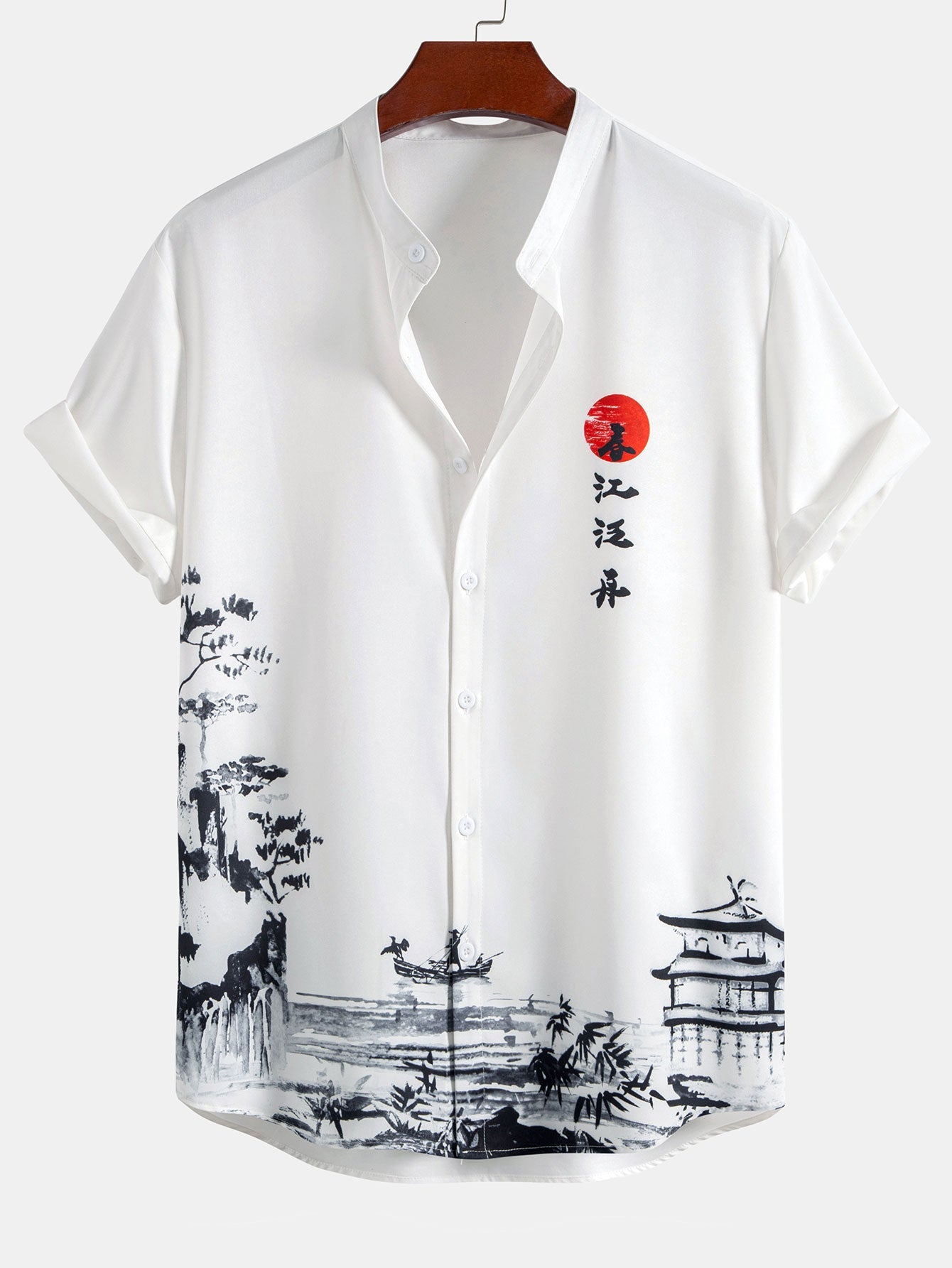 Stand Collar Shirt with Ink Landscape Artwork