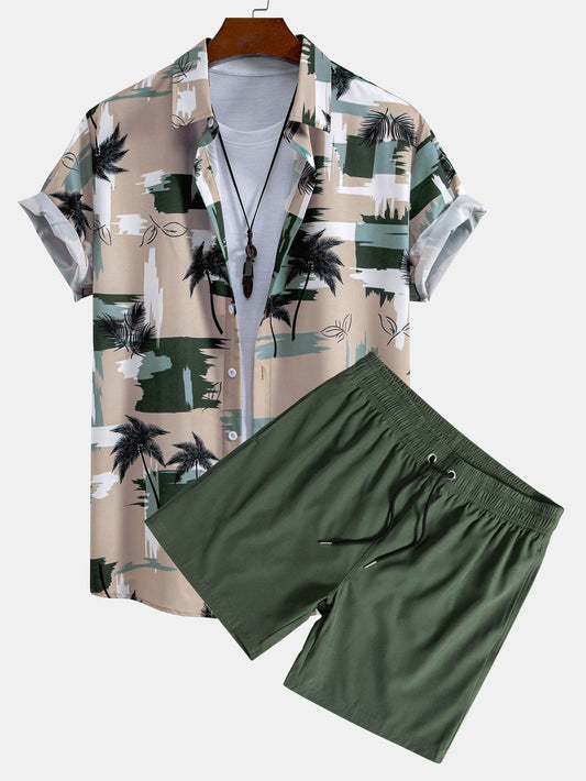 Color Block Palm Tree Print Button-Up Shirt with Matching Swim Shorts