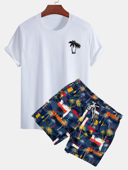 Classic Fit Cotton T-Shirt with Palm Tree Print & Color Block Palm Tree Swim Shorts