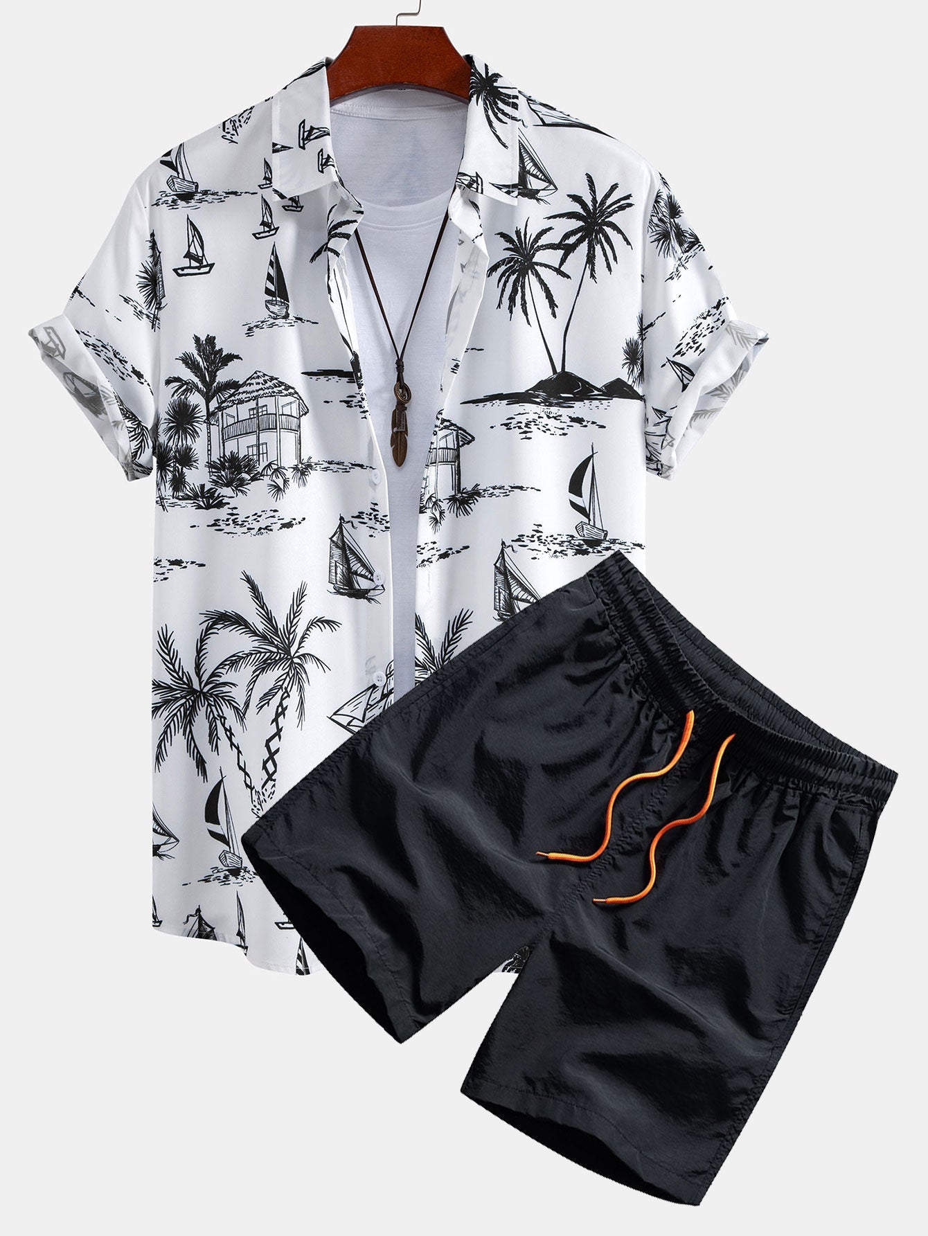 Island-Inspired Sailing Print Button-Up Shirt & Swim Shorts Set