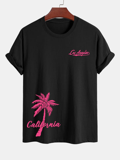Classic Fit Cotton T-Shirt and Swim Shorts Set with Los Angeles Palm Tree Print