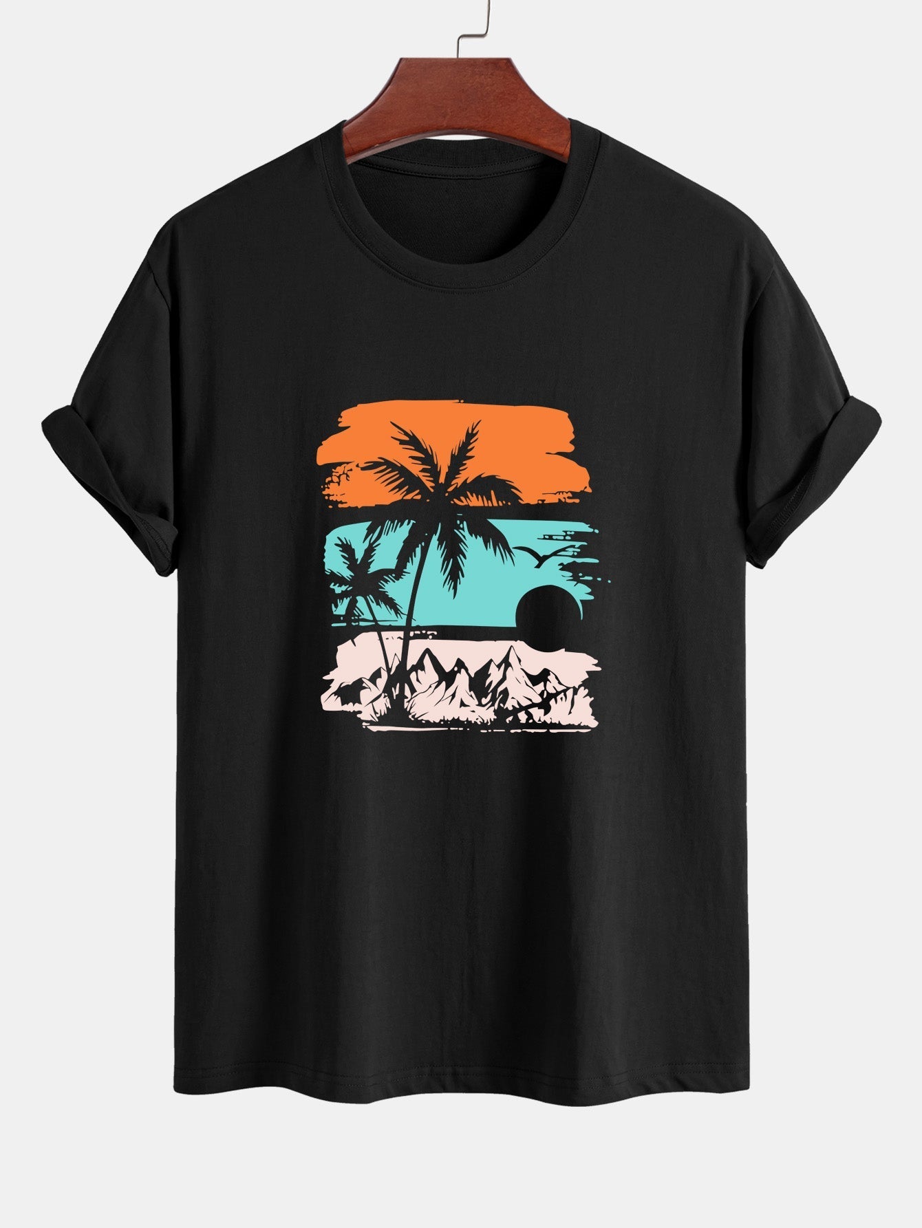 Classic Fit Cotton T-Shirt & Swim Shorts with Palm Tree Silhouette Print