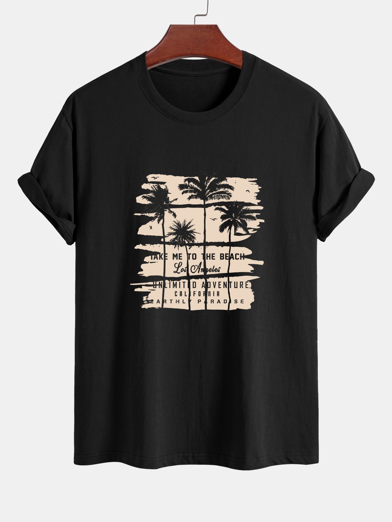 Beige Cotton T-Shirt with Palm Tree Silhouette Print - Regular Fit