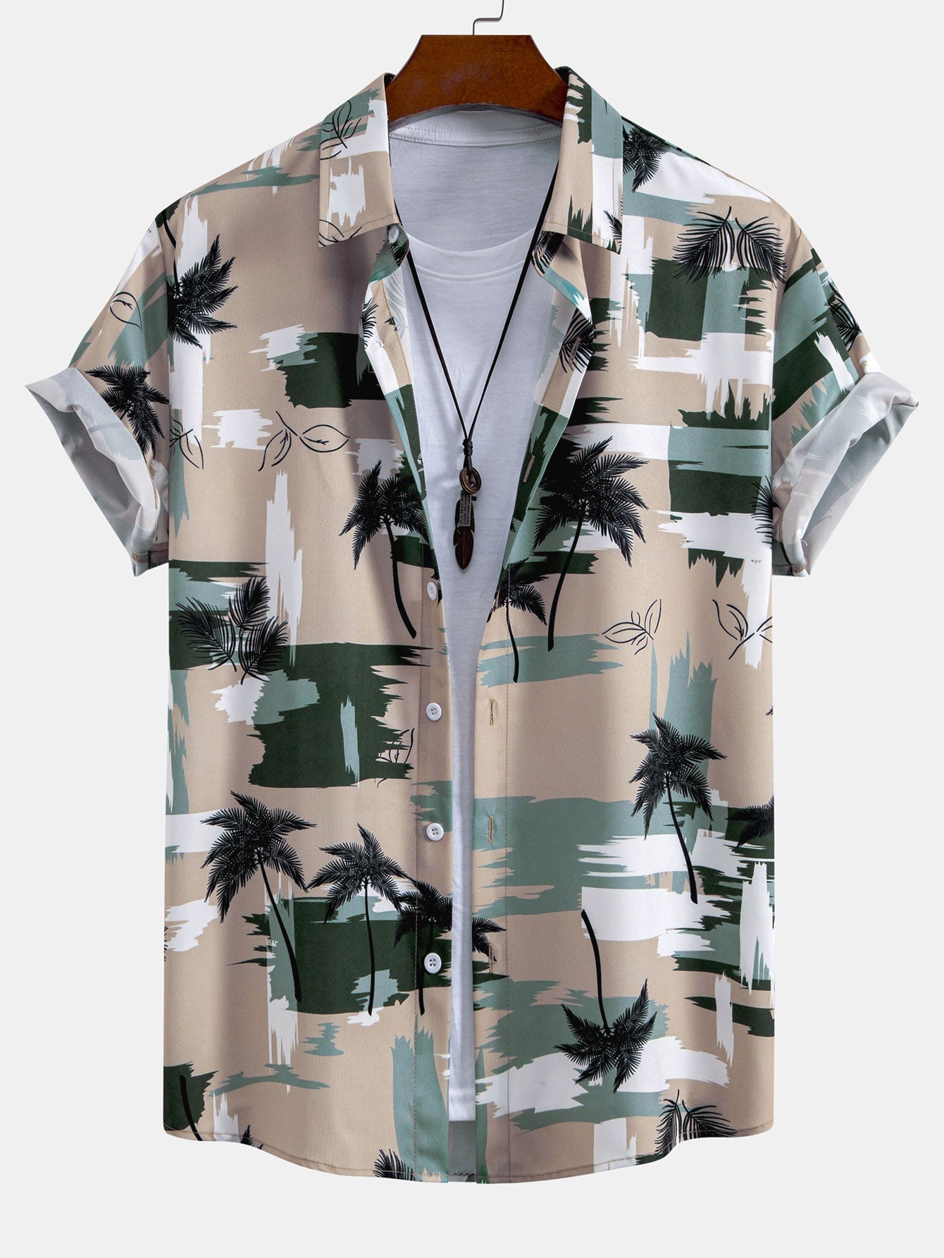 Color Block Palm Tree Print Button-Up Shirt with Matching Swim Shorts