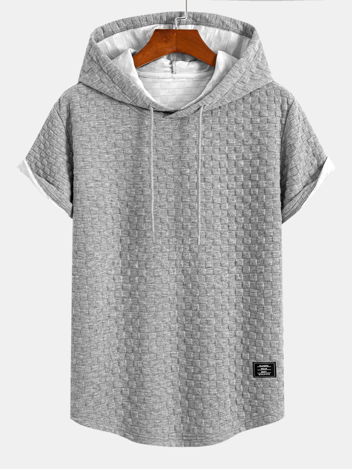 Checkerboard Jacquard Hooded T-Shirt with Arc Hem & Matching Shorts