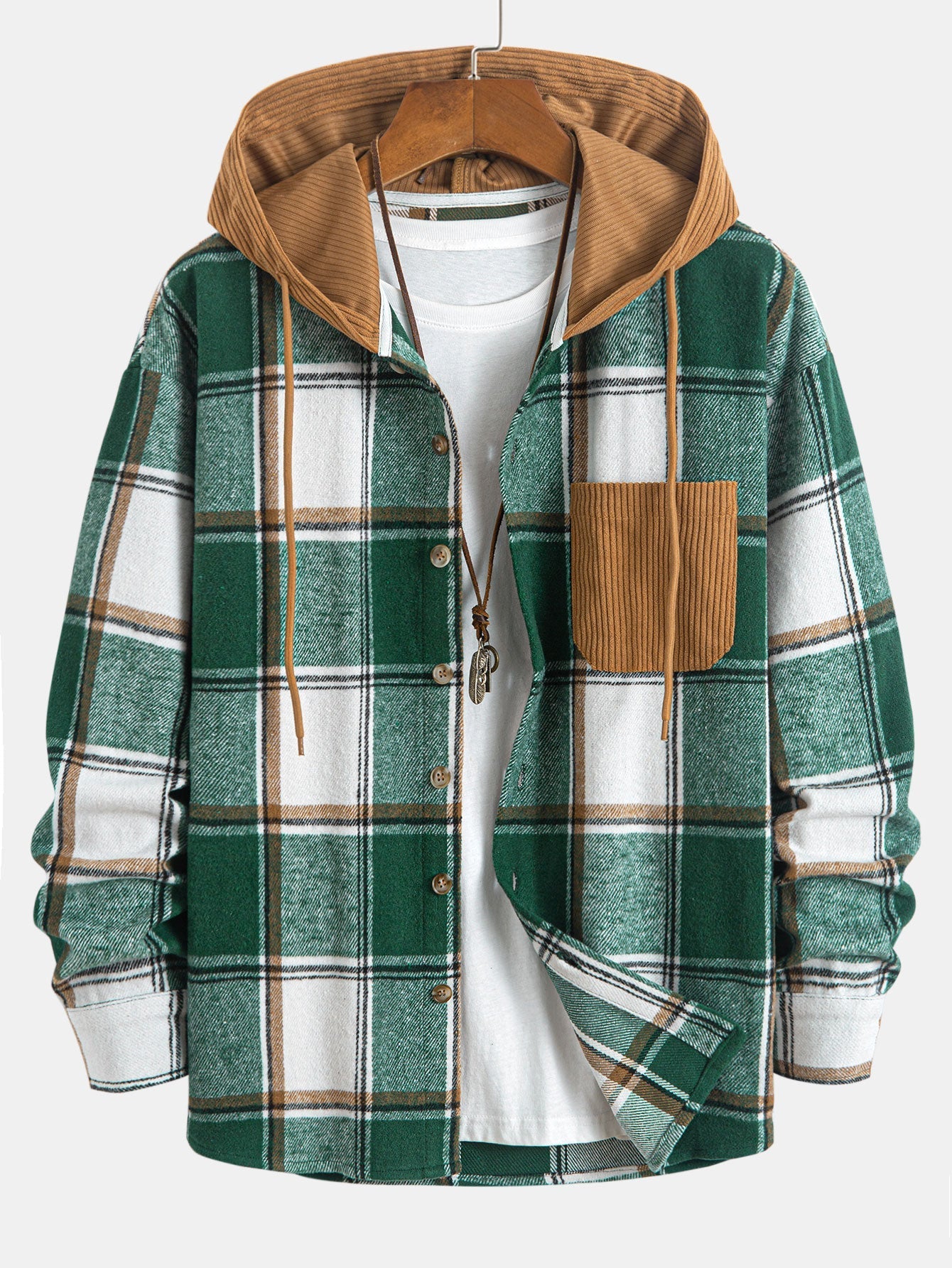 Comfortable Contrast Corduroy Plaid Hooded Shirt