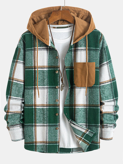 Comfortable Contrast Corduroy Plaid Hooded Shirt
