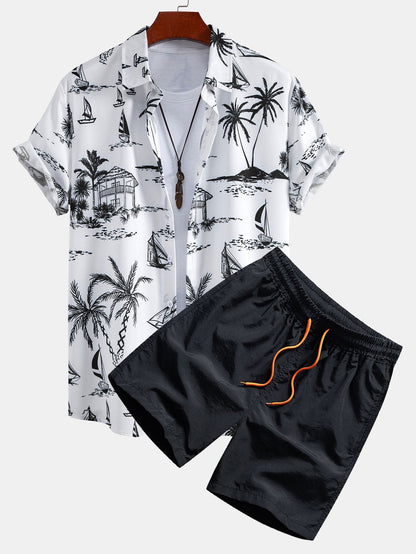 Island-Inspired Sailing Print Button-Up Shirt & Swim Shorts Set