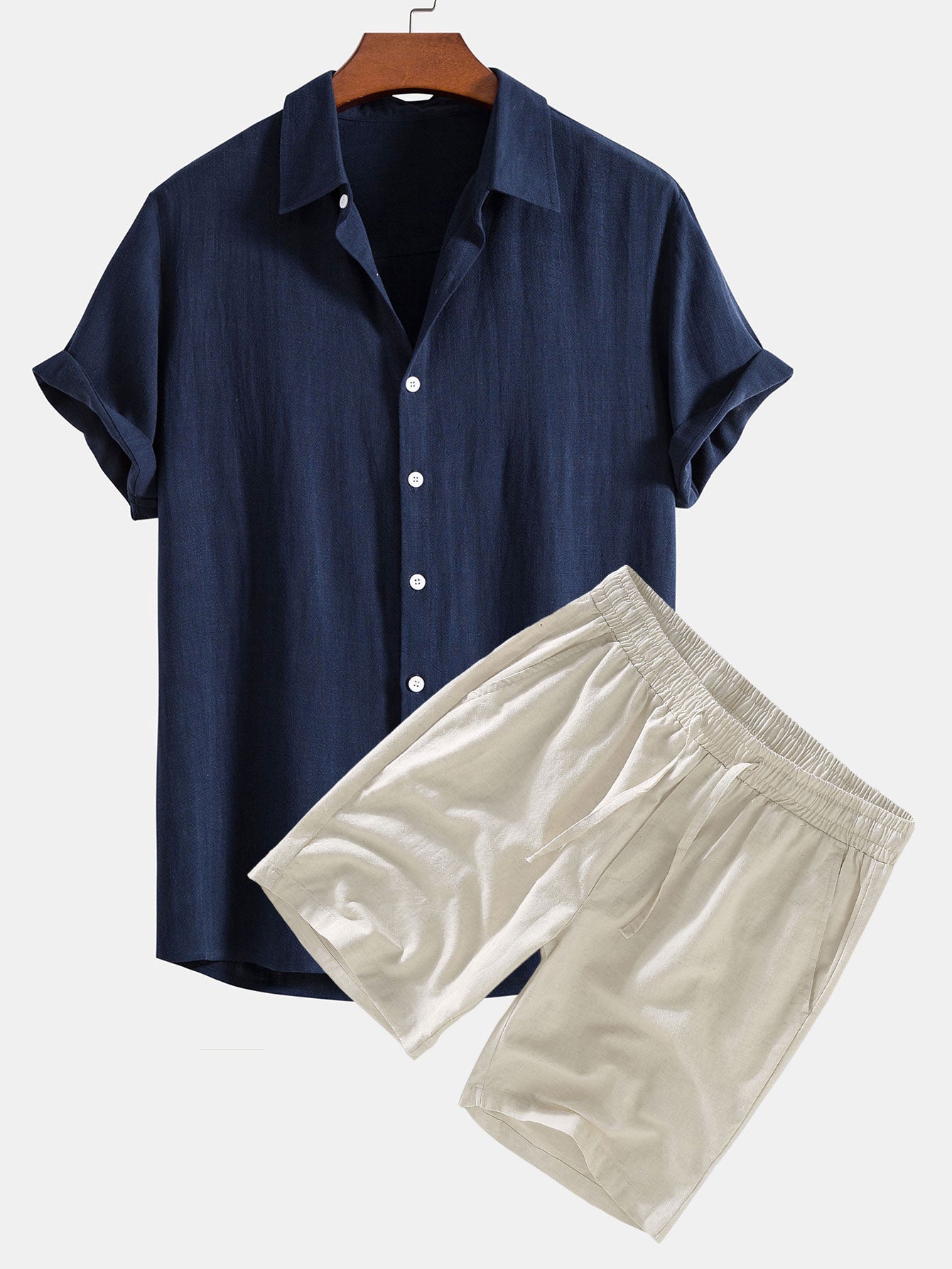Linen-Rayon Blend Button-Up Shirt with Matching Linen Drawstring Shorts