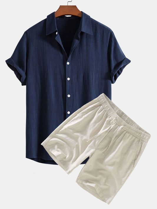 Linen-Rayon Blend Button-Up Shirt with Matching Linen Drawstring Shorts