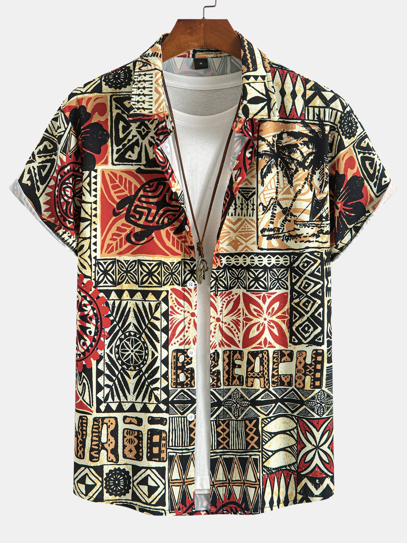Button-Up Shirt with Palm Tree and Turtle Ethnic Geometric Print