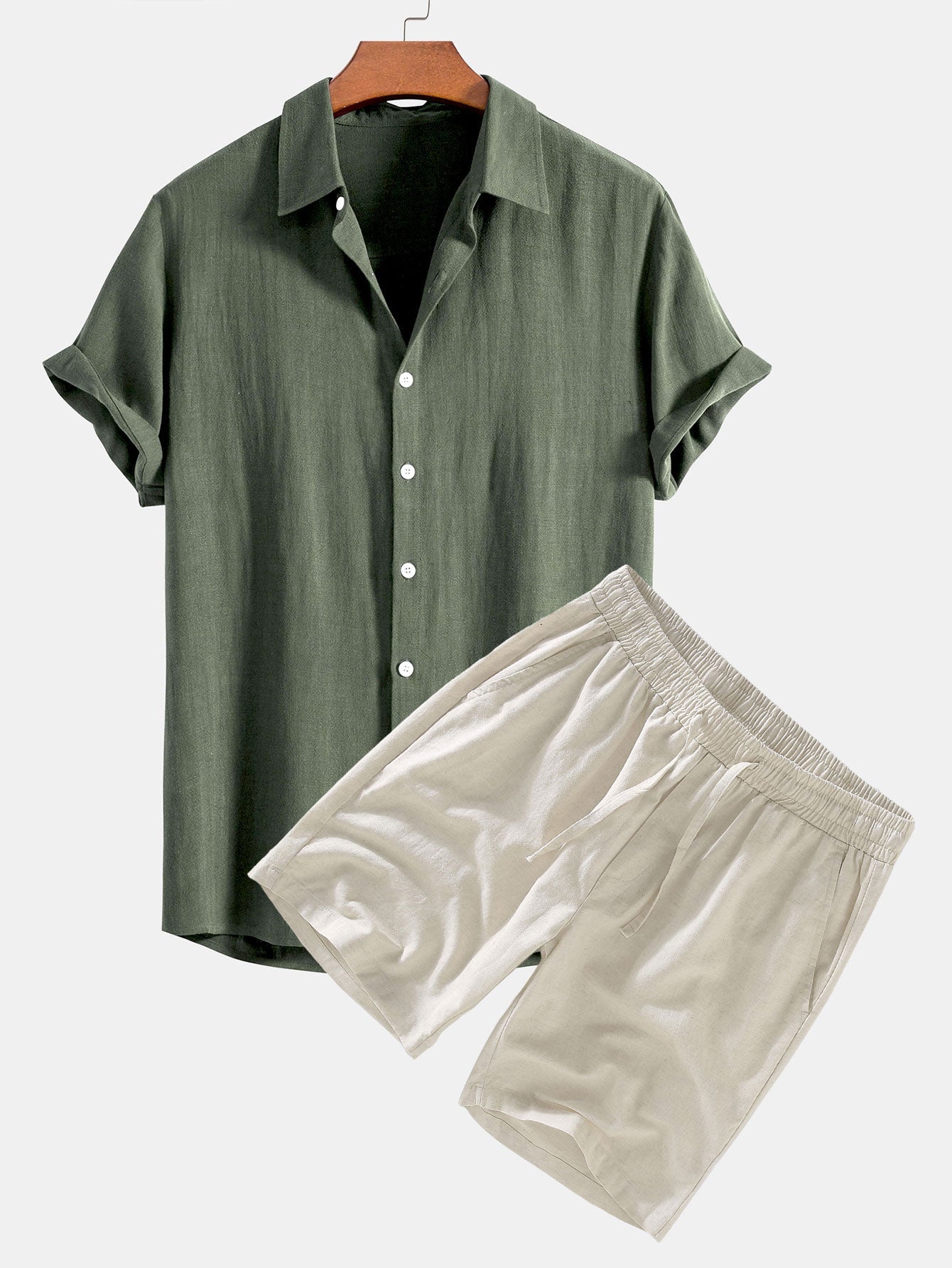 Linen-Rayon Blend Button-Up Shirt with Matching Linen Drawstring Shorts