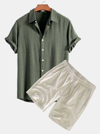 Linen-Rayon Blend Button-Up Shirt with Matching Linen Drawstring Shorts