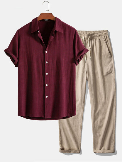 Linen-Rayon Blend Button-Up Shirt with Wrinkle-Textured Straight Leg Pants