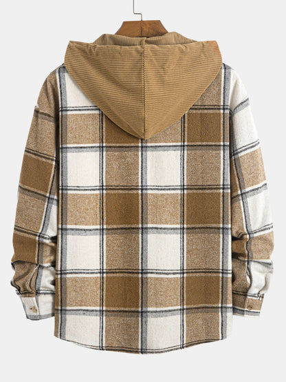 Comfortable Contrast Corduroy Plaid Hooded Shirt