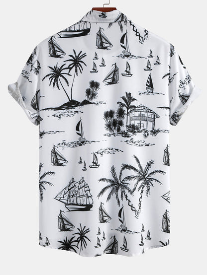 Island-Inspired Sailing Print Button-Up Shirt & Swim Shorts Set