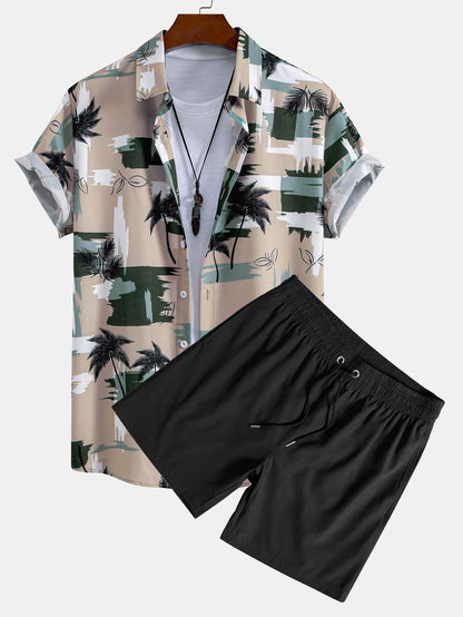 Color Block Palm Tree Print Button-Up Shirt with Matching Swim Shorts
