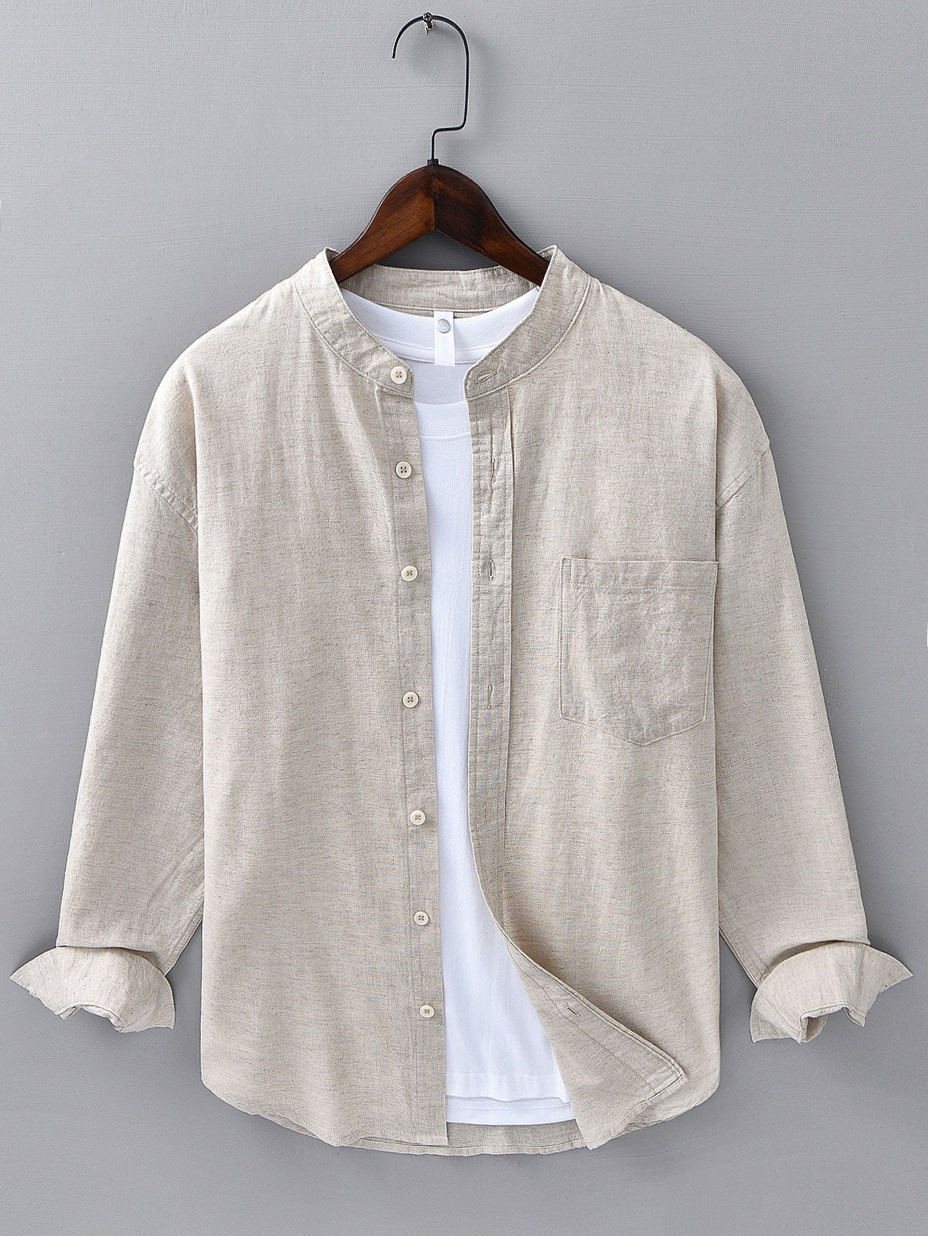 Long Sleeve Stand Collar Shirt in Linen-Cotton Blend with Pocket