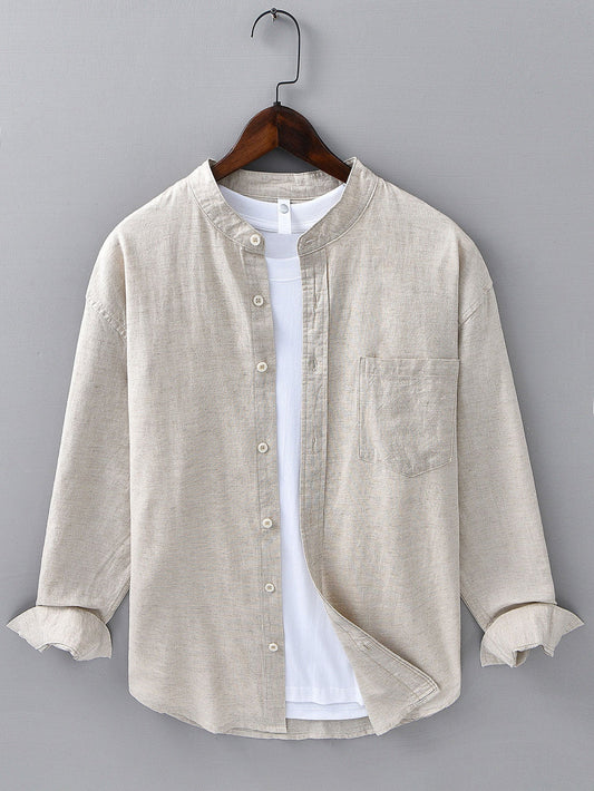 Long Sleeve Stand Collar Shirt in Linen-Cotton Blend with Pocket