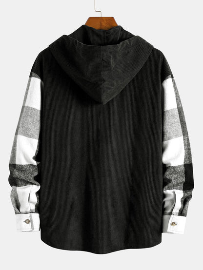Comfortable Flannel Plaid Hooded Shirt with Corduroy Patchwork