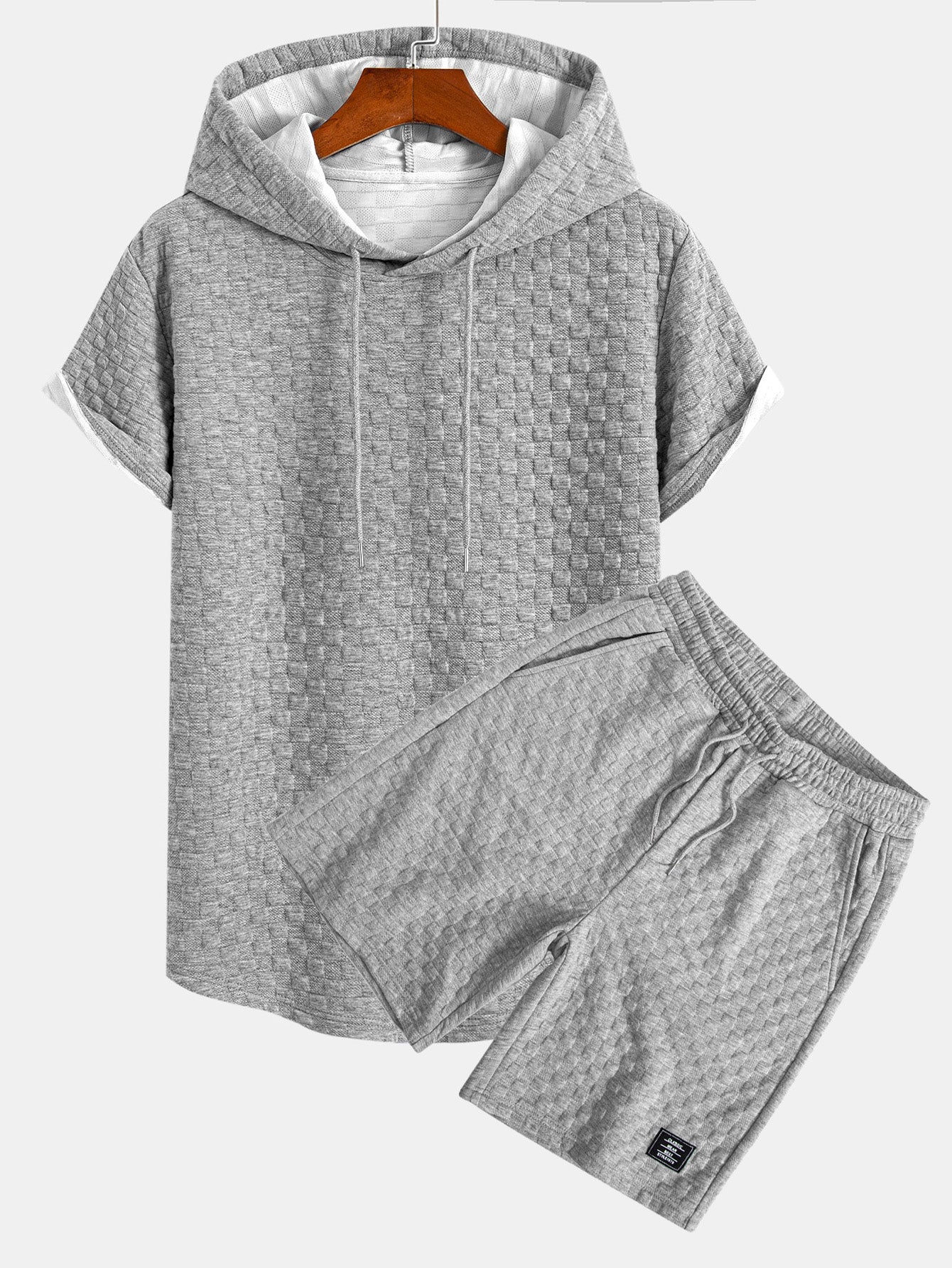 Checkerboard Jacquard Hooded T-Shirt with Arc Hem & Matching Shorts