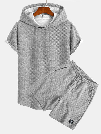 Checkerboard Jacquard Hooded T-Shirt with Arc Hem & Matching Shorts