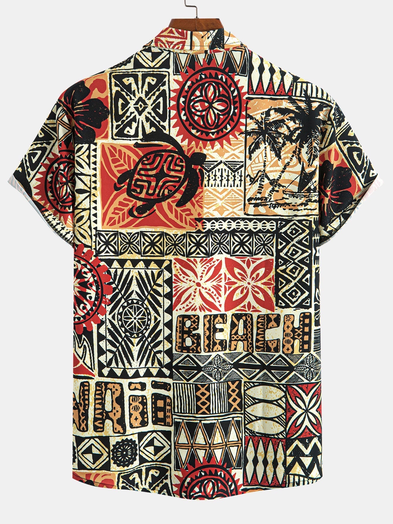 Button-Up Shirt with Palm Tree and Turtle Ethnic Geometric Print